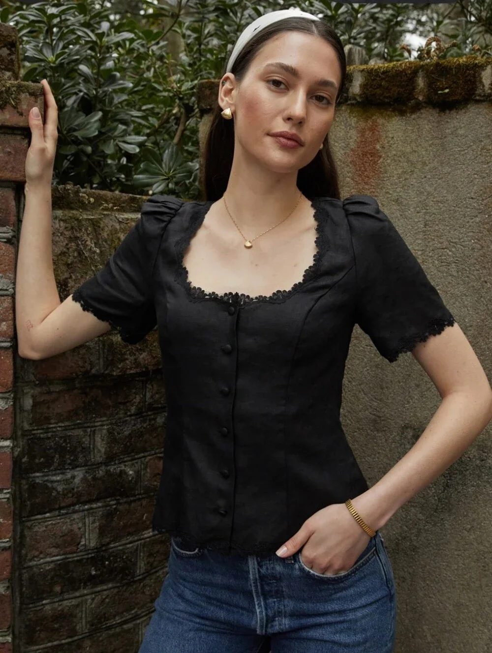 Reformation Anabella Black Linen Blouse Milkmaid Lace Parisian